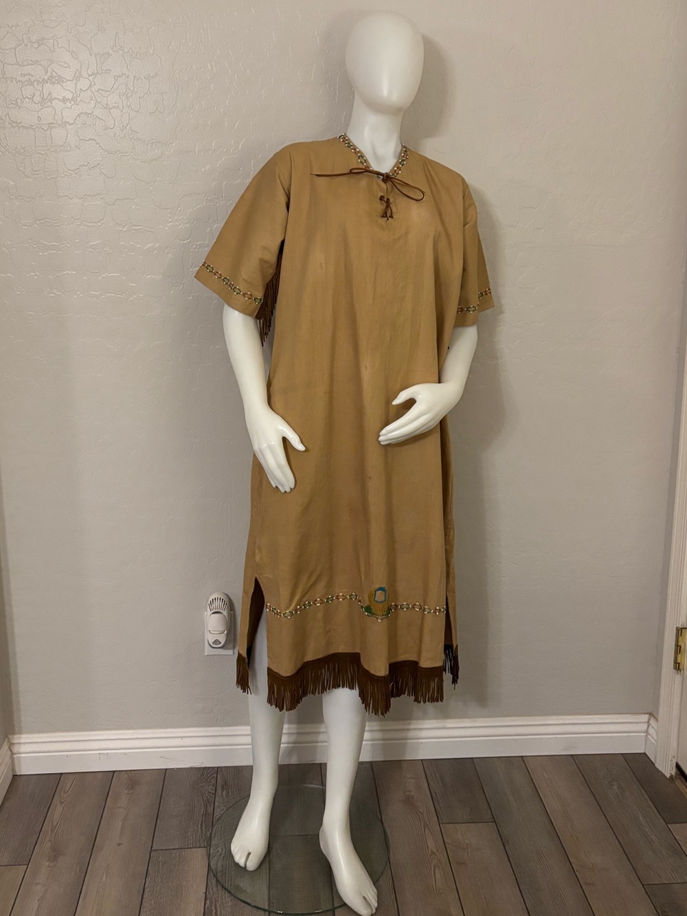Vintage Handmade Native American Camp Fire Girls Tan Fringe Mini Dress Small